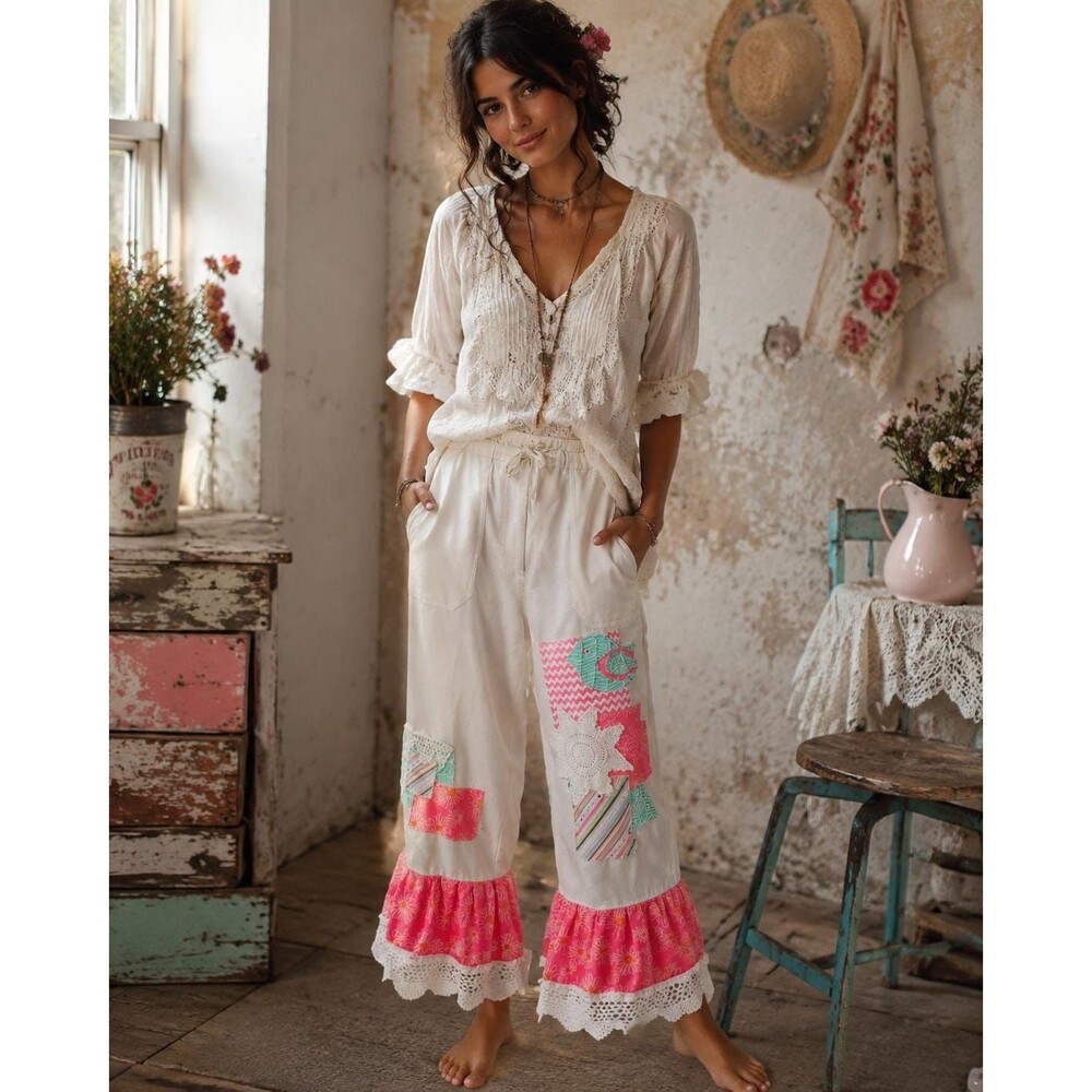 Custom Ooak Bloomer Pants Applique Boho drawstring Romantic Crochet Lace Crop M